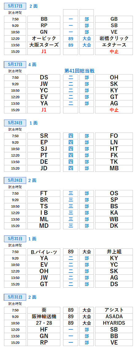 草野球大会・2026.4月試合日程