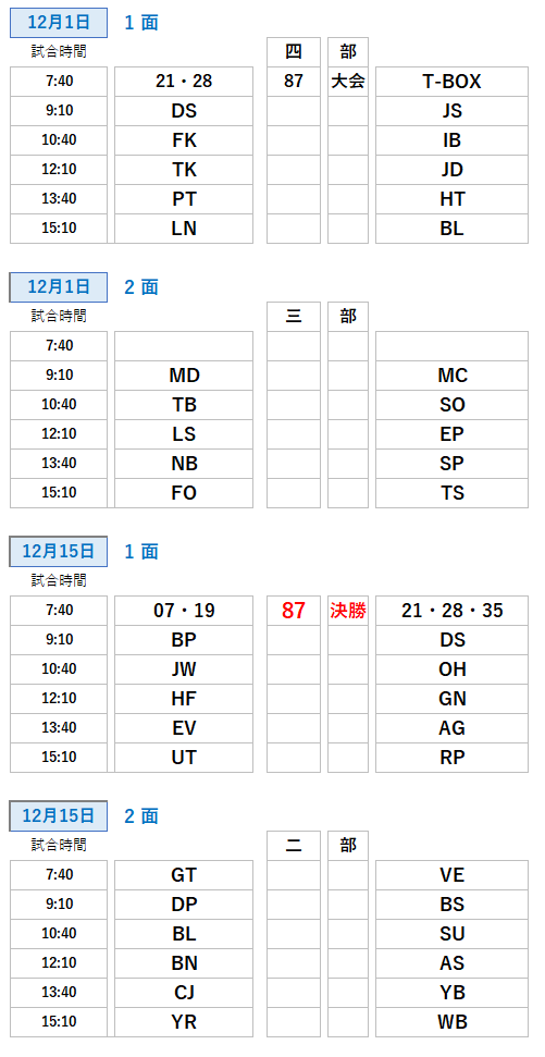 大阪北リーグ野球大会・１２月試合日程表
