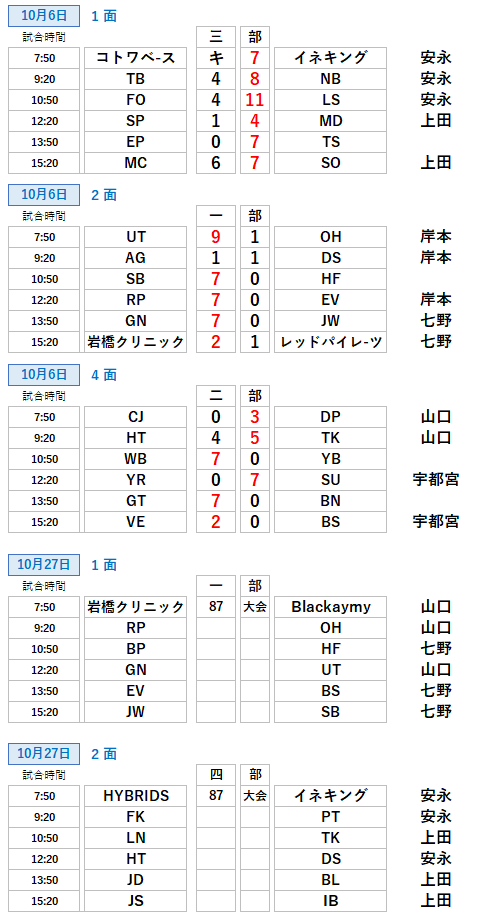 10月試合日程