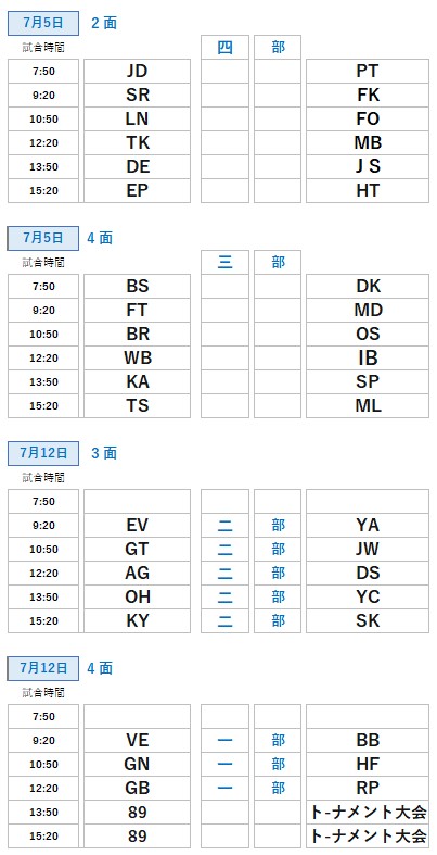 草野球大会・7月試合表・大阪北リーグ野球大会